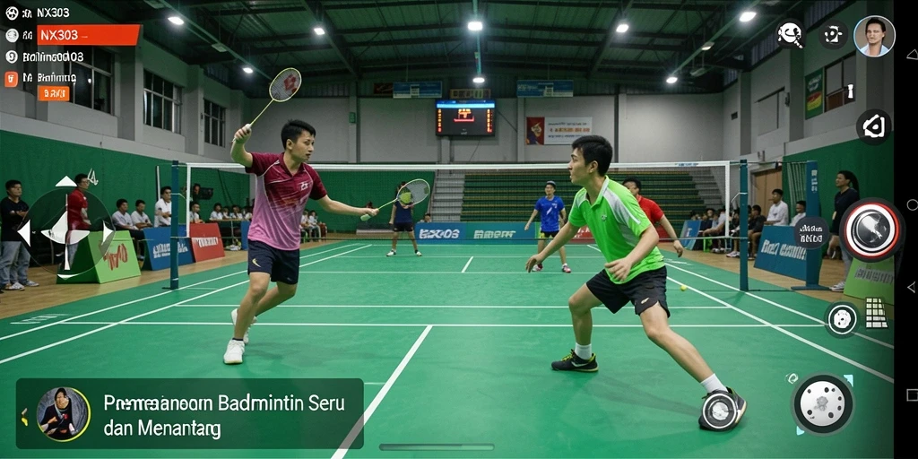 Tampilan antarmuka permainan Badminton NX303 yang menarik dan fungsional.
